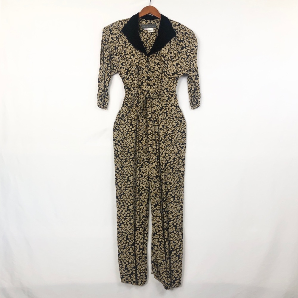 Vintage 80s Karen Alexander Floral Jumpsuit‎ Tie Waist Straight Leg Size 8 USA